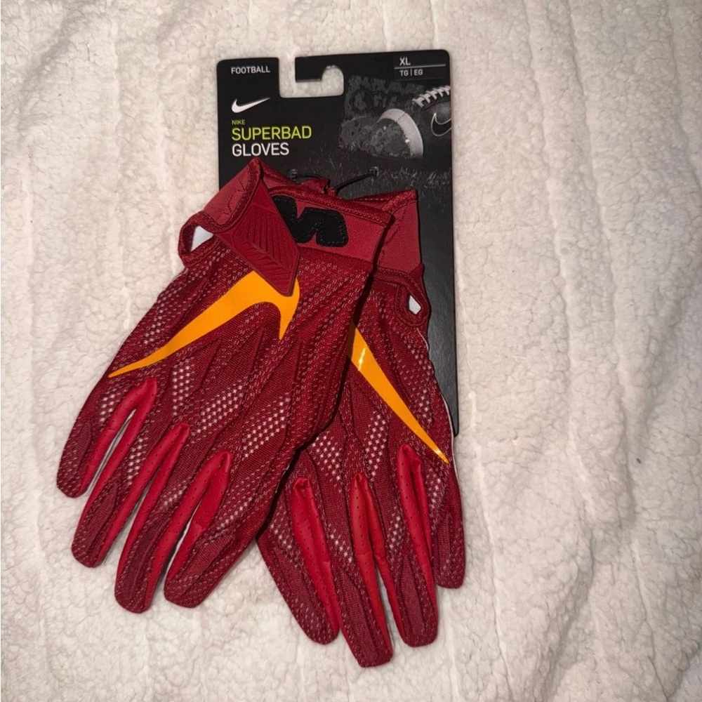 Nike Red Football Gloves with Yellow Accents
